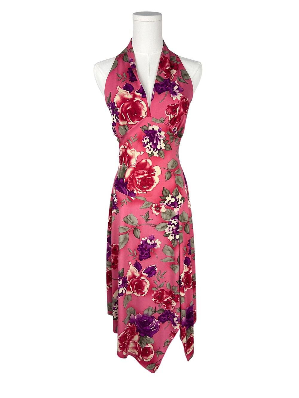 Y2K David Wayne Pink Floral Asymmetrical Hem V Neck Midi Dress M
